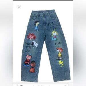 Blue Denim Graphic Character stretch barrel Jeans